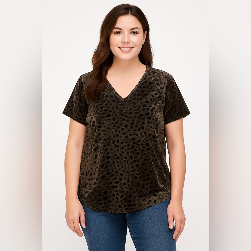 Amaryllis Leopard Print V-Neck Velvet Women’s Top Size L NWOT